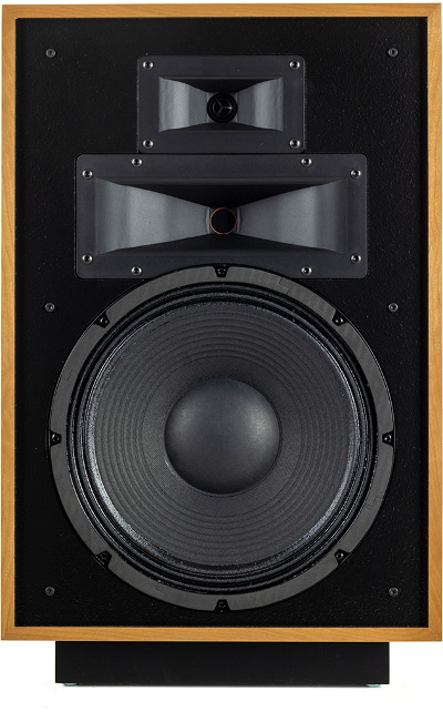 Klipsch Heritage Heresy IV with grille removed showing the three-way design utilising a 12inch woofer and horn-loaded midrange and tweeter